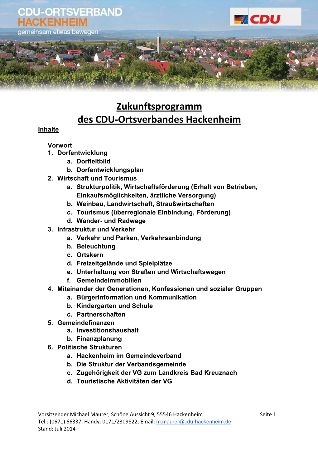 Zukunftsprogramm Des CDU-Ortsverbandes Hackenheim Inhalte