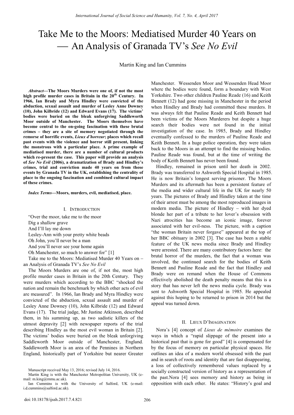 Take Me to the Moors: Mediatised Murder 40 Years on  an Analysis of Granada TV’S See No Evil