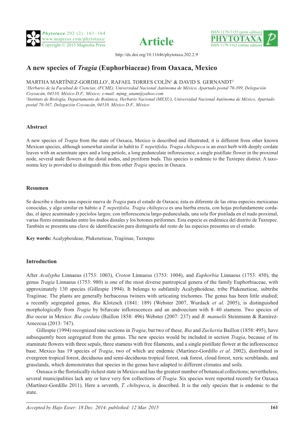 A New Species of Tragia (Euphorbiaceae) from Oaxaca, Mexico