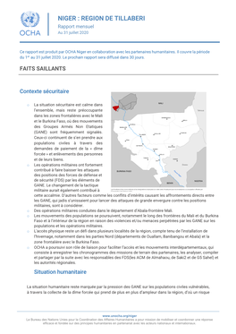 NIGER : REGION DE TILLABERI Rapport Mensuel Au 31 Juillet 2020