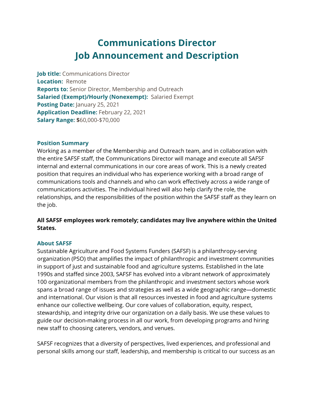 Communications Director Job Announcement and Description