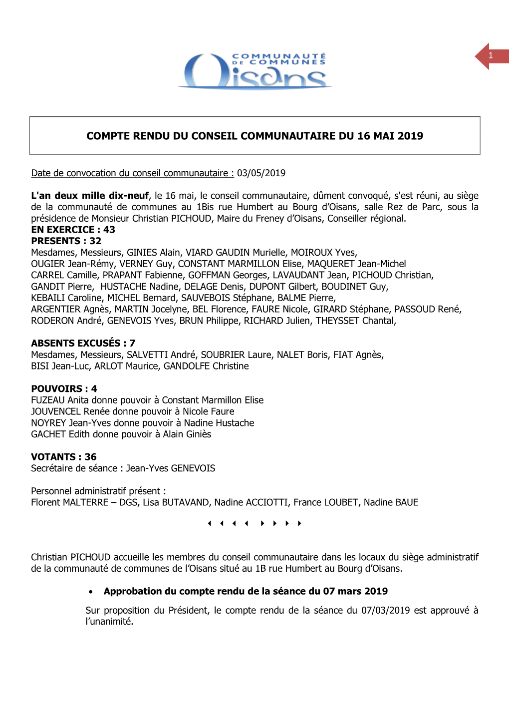 Compte Rendu Du Conseil Communautaire Du 16 Mai 2019