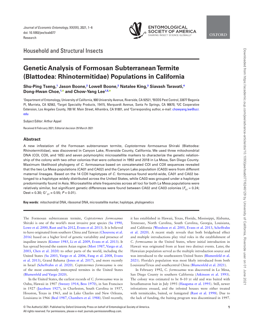 Genetic Analysis of Formosan Subterranean Termite (Blattodea: Rhinotermitidae) Populations in California