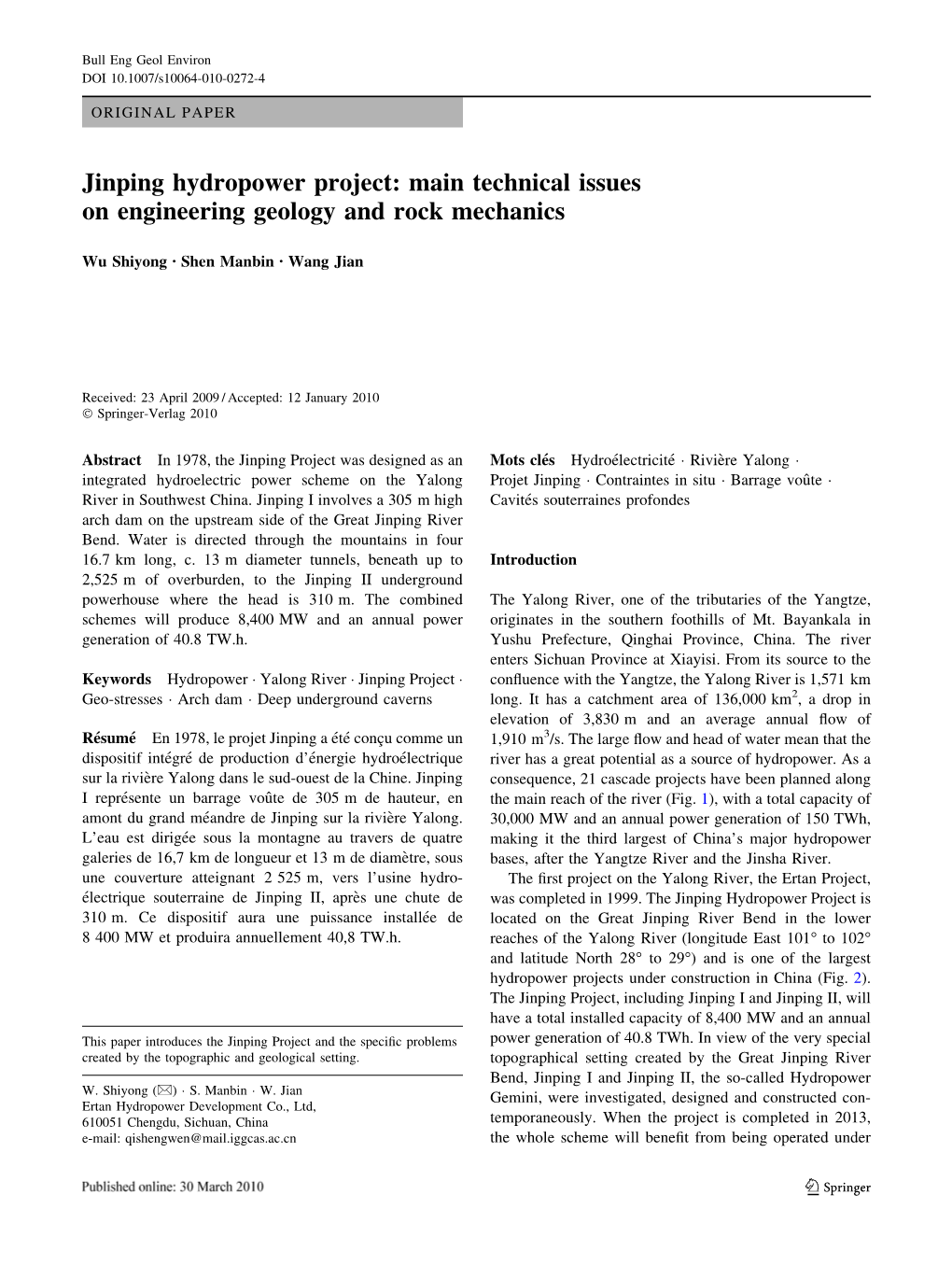 Jinping Hydropower Project: Main Technical Issues on Engineering Geology and Rock Mechanics