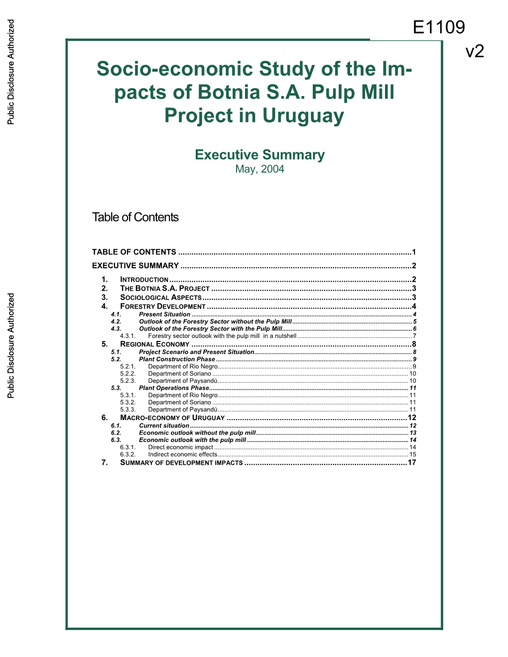 Pacts of Botnia SA Pulp Mill Project in Uruguay