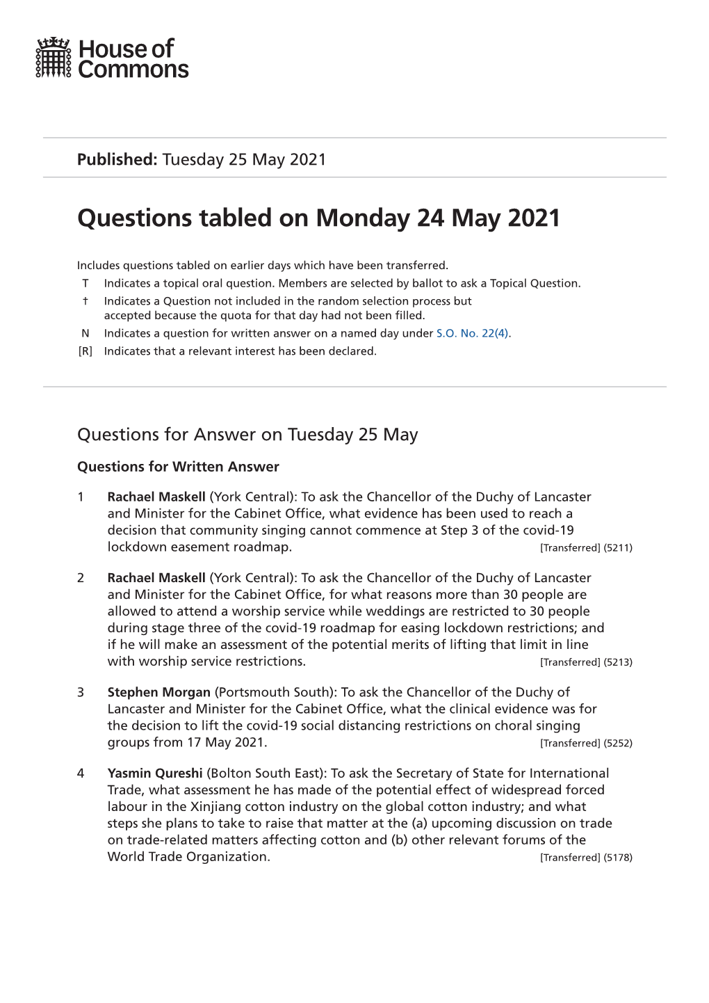 Questions Tabled on Monday 24 May 2021