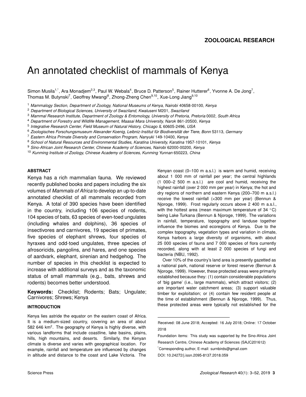 An Annotated Checklist of Mammals of Kenya