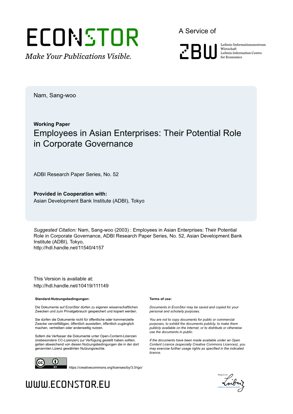 Employees in Asian Enterprises: Their Potential Role in Corporate Governance