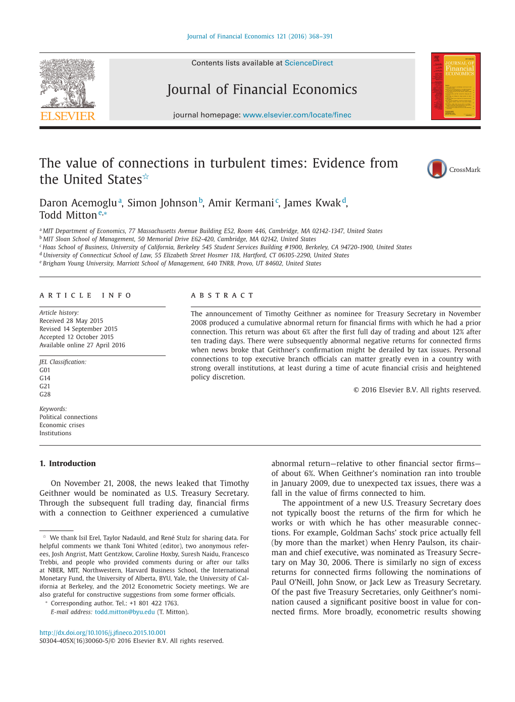 The Value of Connections in Turbulent Times: Evidence from R the United States