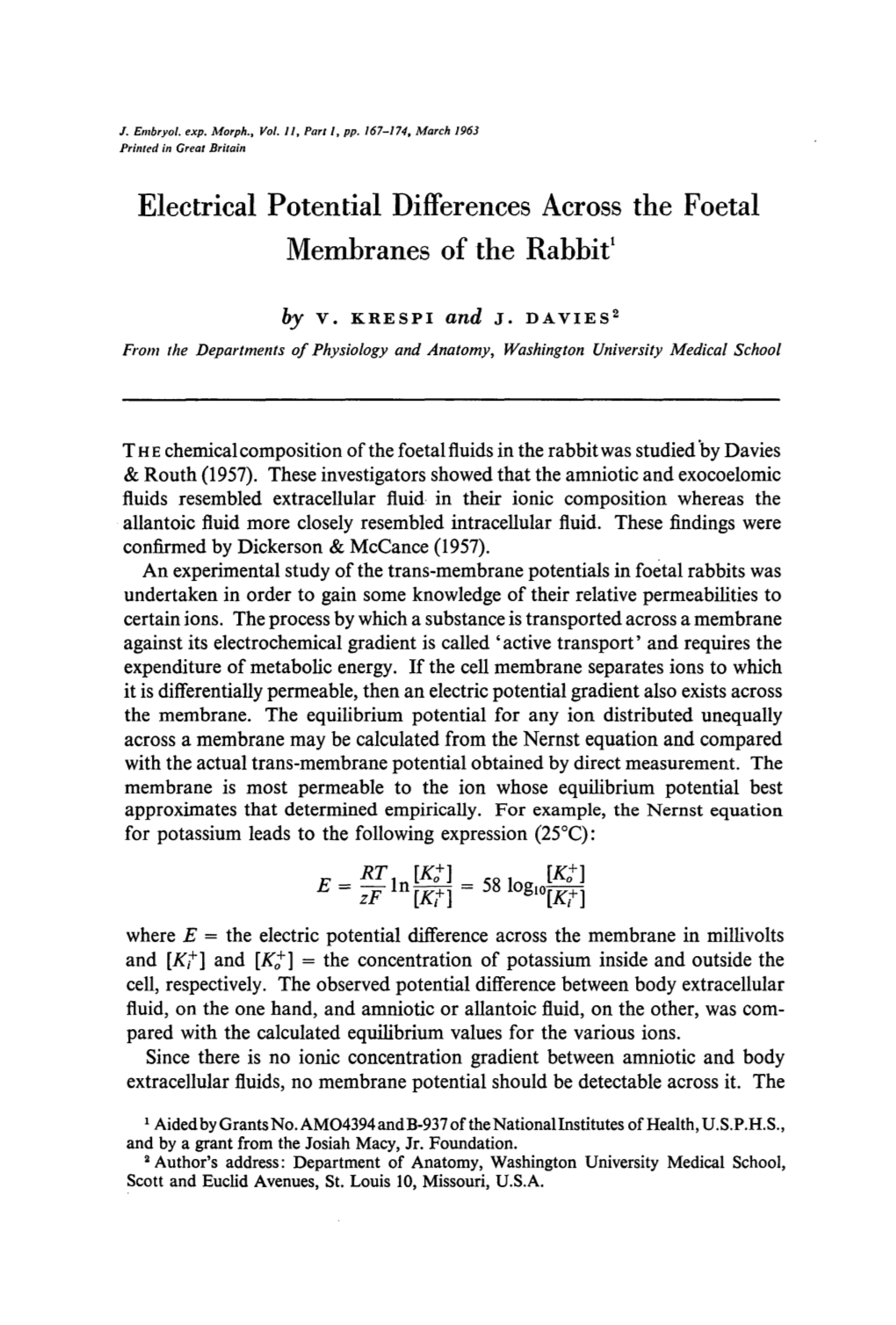 Electrical Potential Differences Across the Foetal Membranes of the Rabbit1