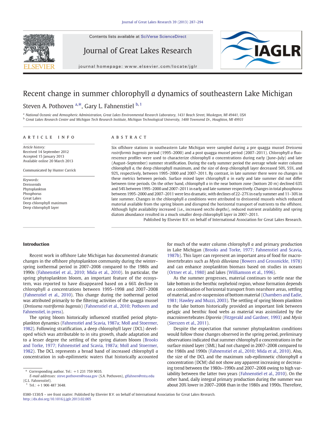 Recent Change in Summer Chlorophyll a Dynamics of Southeastern Lake Michigan