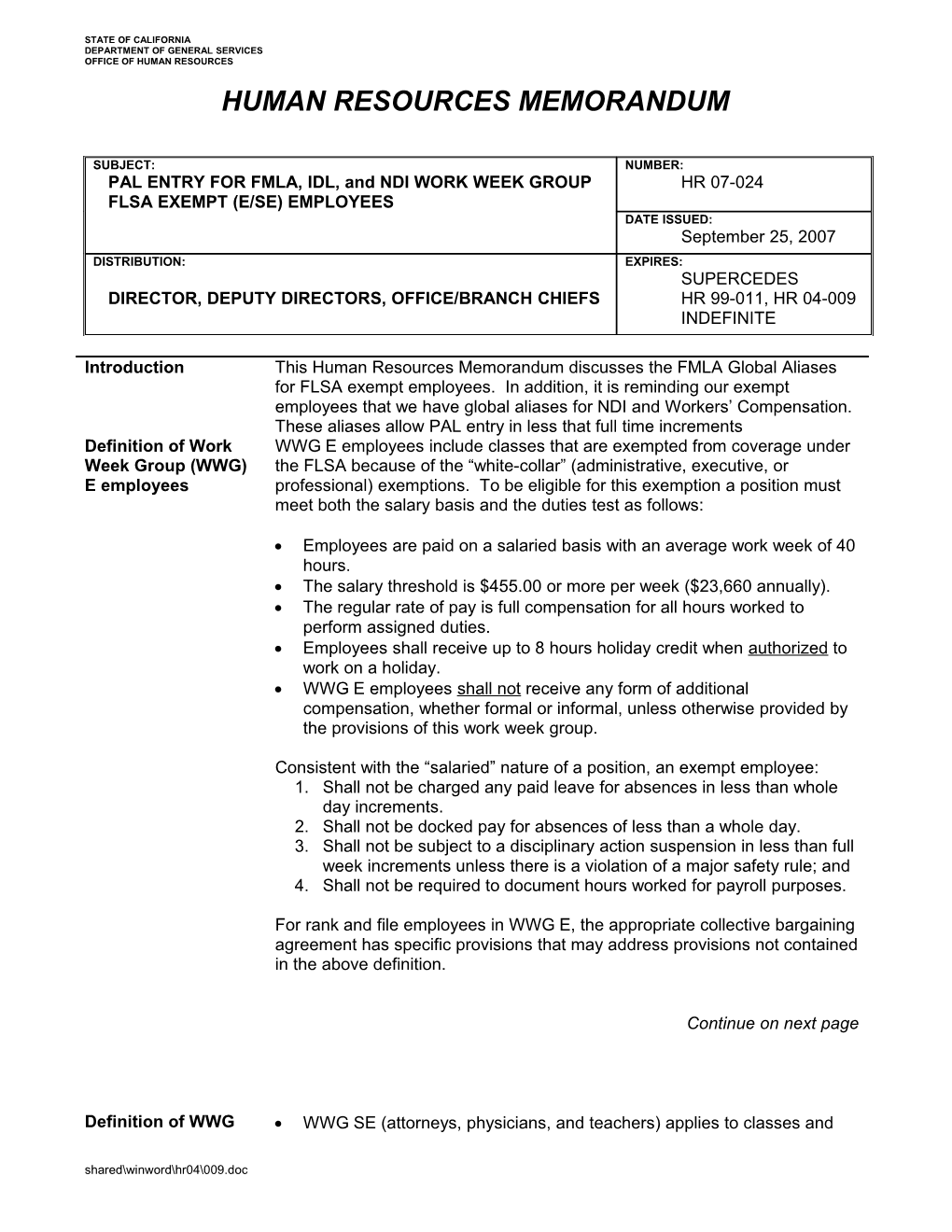 Human Resources Memorandum 99-011