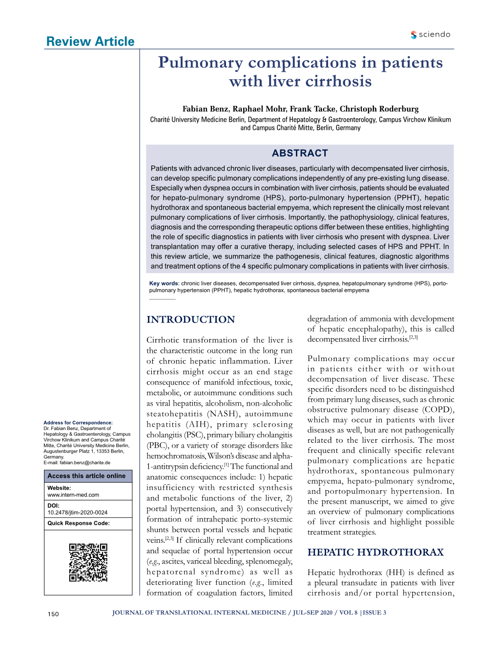 Pulmonary Complications in Patients with Liver Cirrhosis