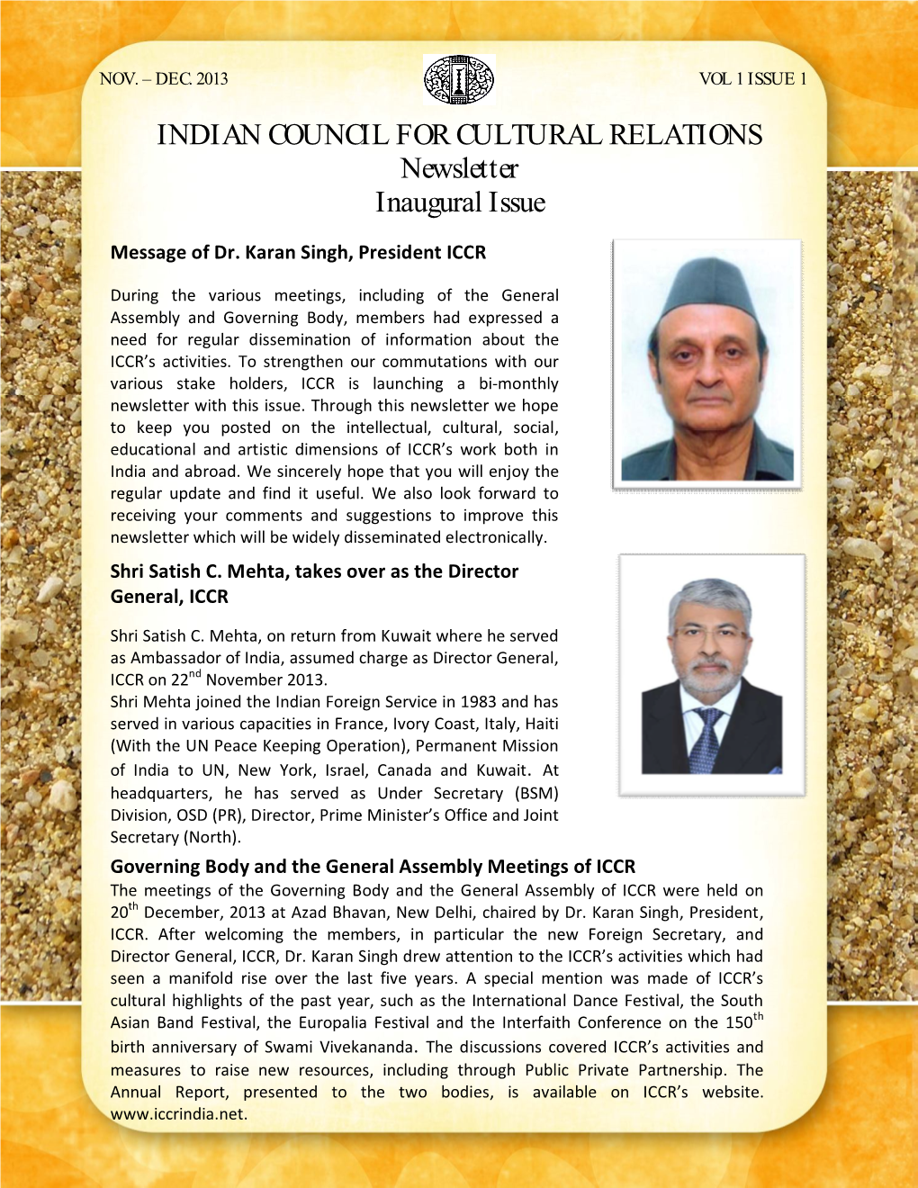 INDIAN COUNCIL for CULTURAL RELATIONS Newsletter Inaugural Issue