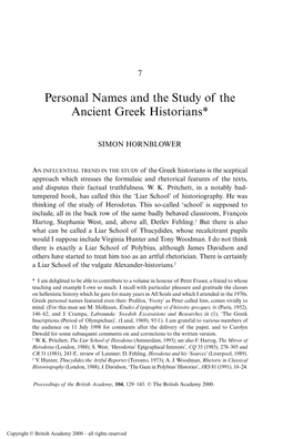 Personal Names and the Study of the Ancient Greek Historians*