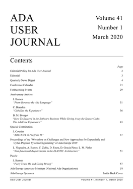 Ada User Journal 2 Editorial 3 Quarterly News Digest 4 Conference Calendar 21 Forthcoming Events 29 Anniversary Articles J