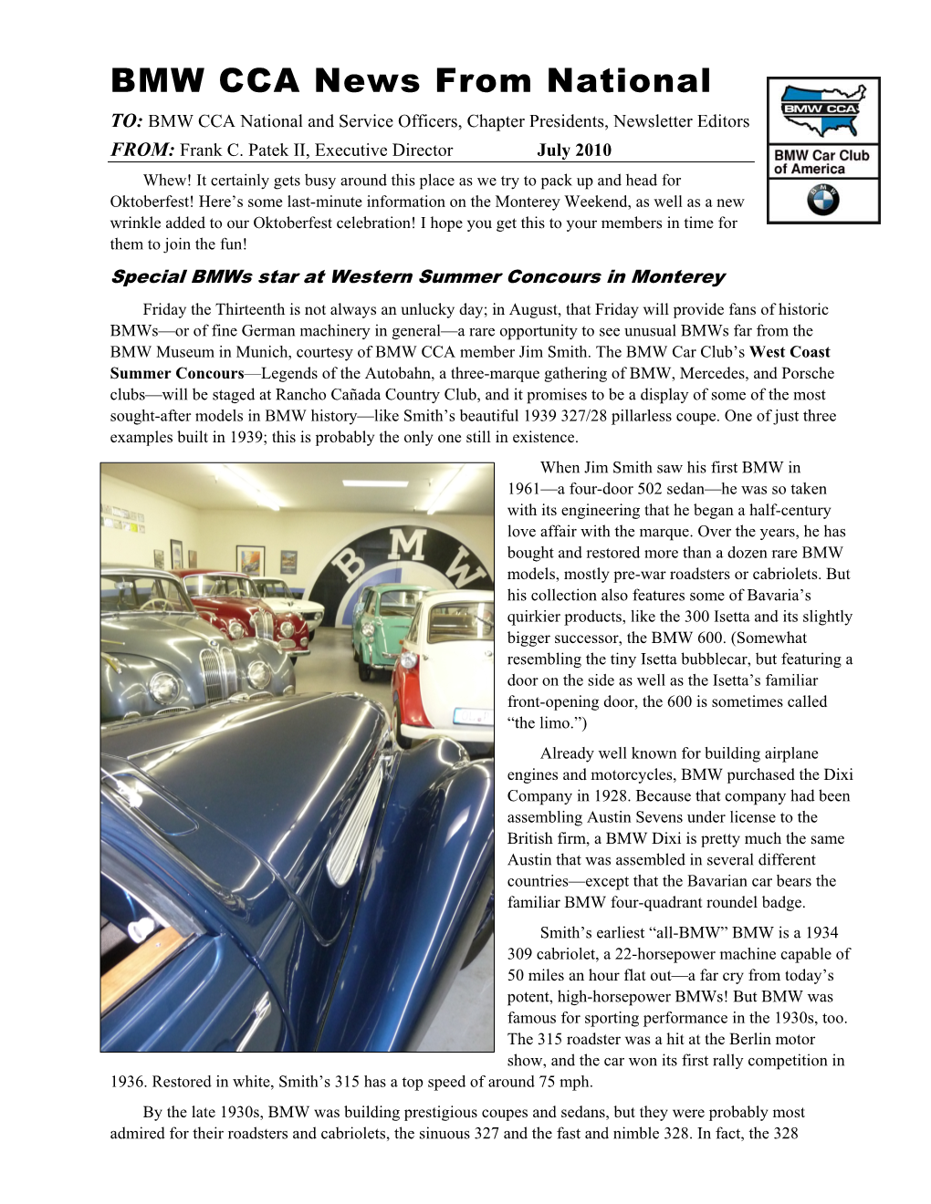 BMW CCA News from National TO: BMW CCA National and Service Officers, Chapter Presidents, Newsletter Editors FROM: Frank C