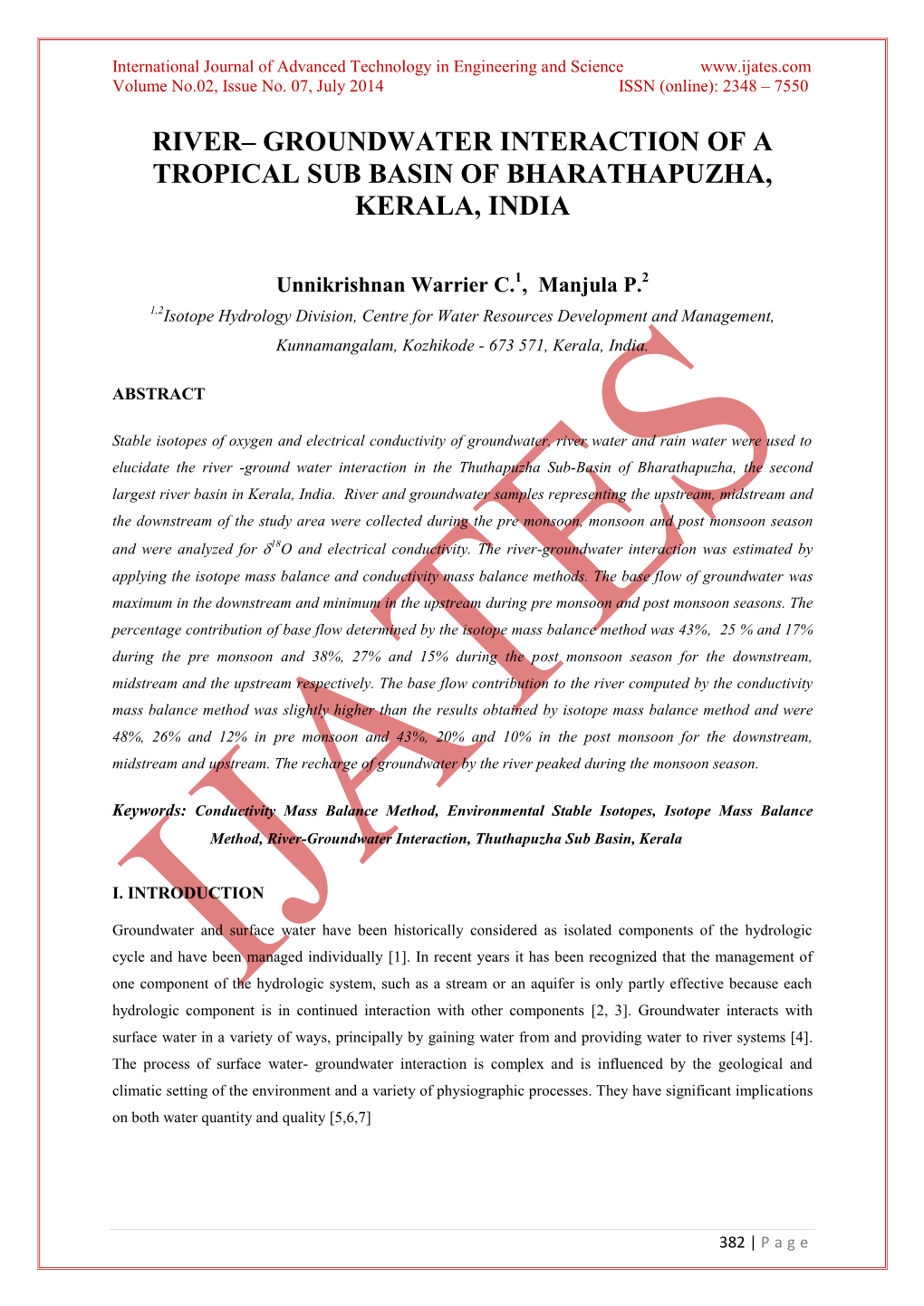 River– Groundwater Interaction of a Tropical Sub Basin of Bharathapuzha, Kerala, India