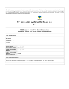 STI Holdings List of Stockholders As of Record Date 29 August 2017.Pdf