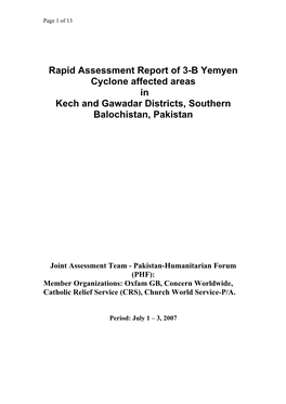 Rapid Assessment Report of 3-B Yemyen Cyclone Affected Areas in Kech and Gawadar Districts, Southern Balochistan, Pakistan
