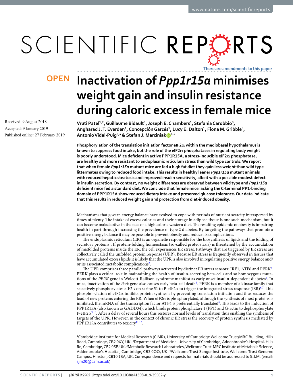 Inactivation of Ppp1r15a Minimises Weight Gain and Insulin Resistance