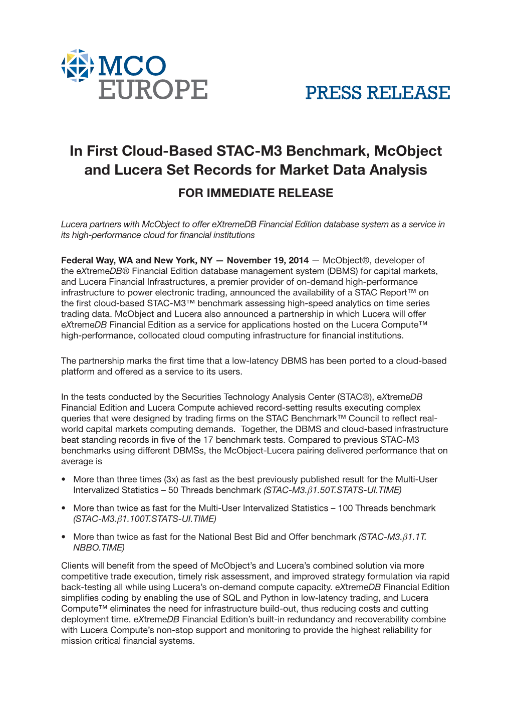 In First Cloud-Based STAC-M3 Benchmark, Mcobject and Lucera Set Records for Market Data Analysis for IMMEDIATE RELEASE