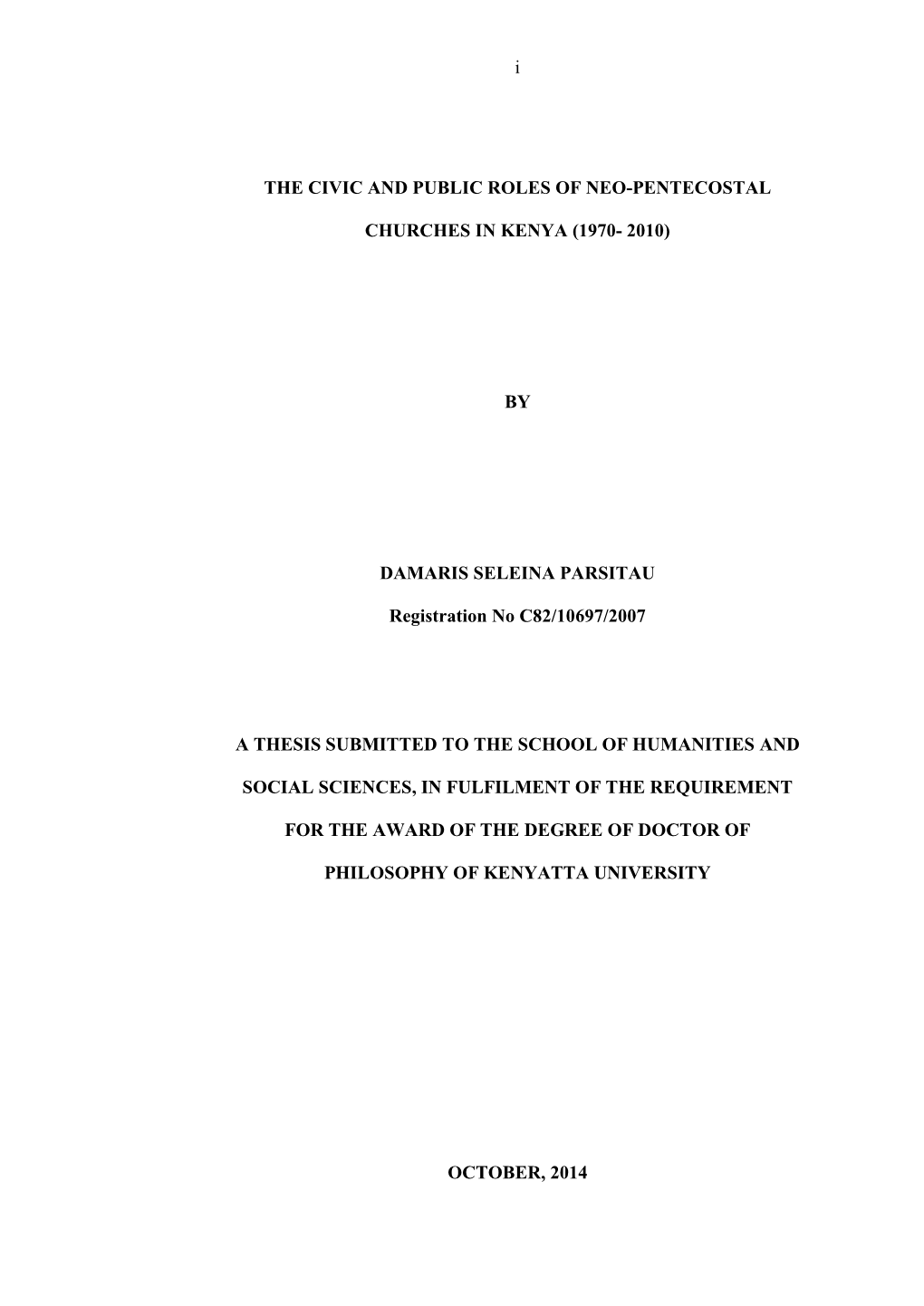 The Civic and Public Roles of Neo-Pentecostal Churches in Kenya