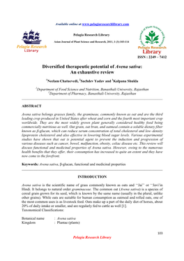 Diversified Therapeutic Potential of Avena Sativa: an Exhaustive Review