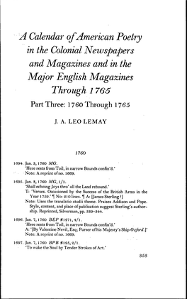 A Calendar of American Poetry in the Colonial Newspapers and Magazines and in the Major English Magazines Through 1765 Part Three: 1760 Through 1765