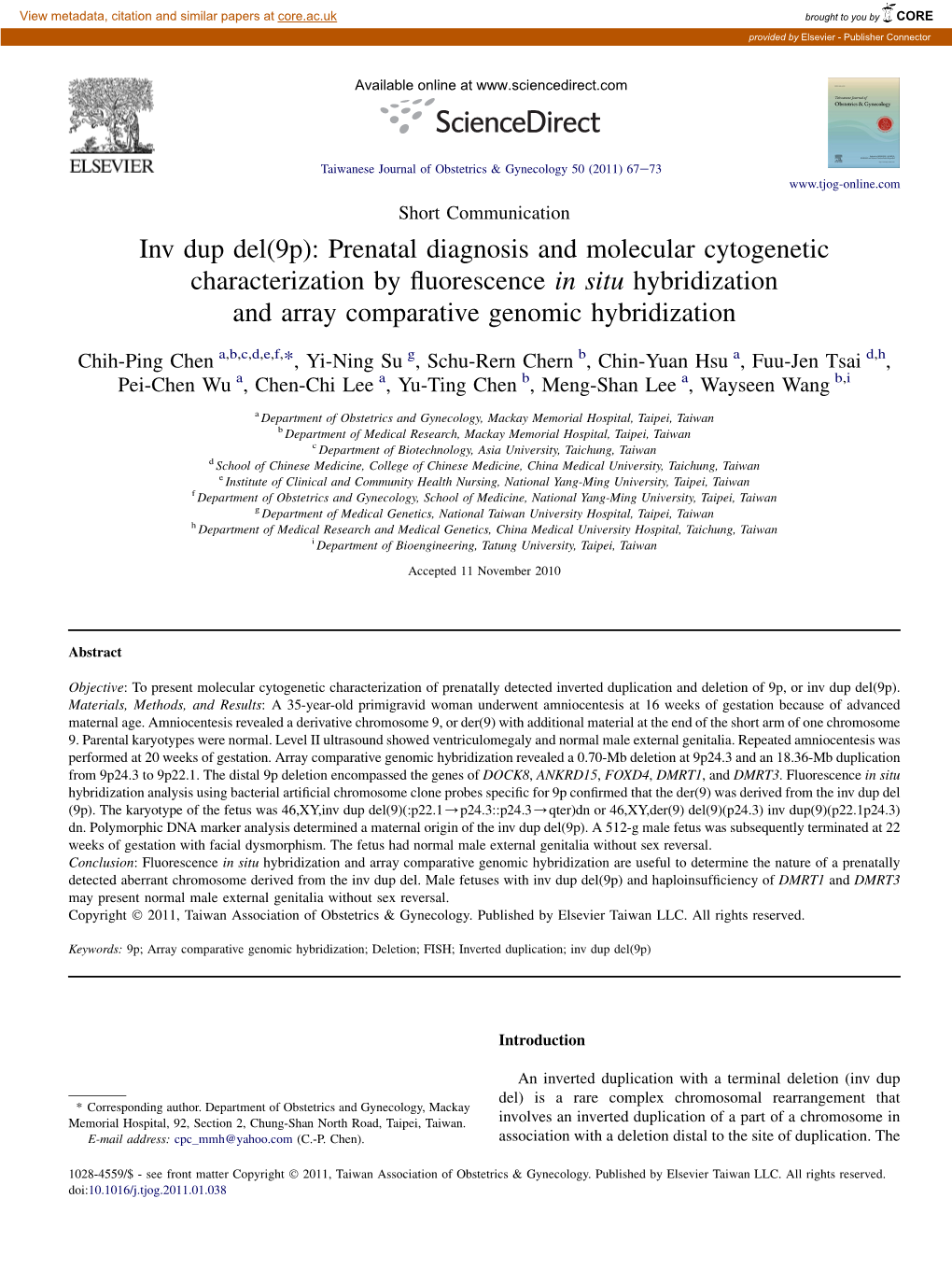 Inv Dup Del(9P): Prenatal Diagnosis and Molecular Cytogenetic Characterization by ﬂuorescence in Situ Hybridization and Array Comparative Genomic Hybridization