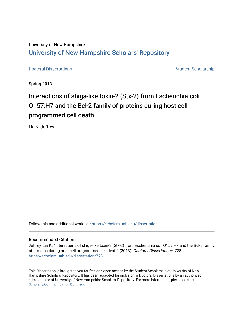 From Escherichia Coli O157:H7 and the Bcl-2 Family of Proteins During Host Cell Programmed Cell Death