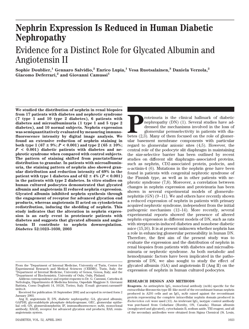 Nephrin Expression Is Reduced in Human Diabetic Nephropathy Evidence for a Distinct Role for Glycated Albumin and Angiotensin II