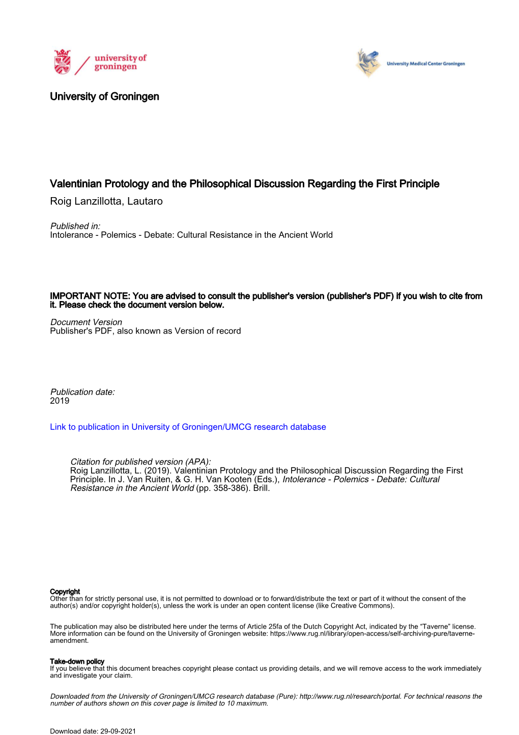 University of Groningen Valentinian Protology and the Philosophical