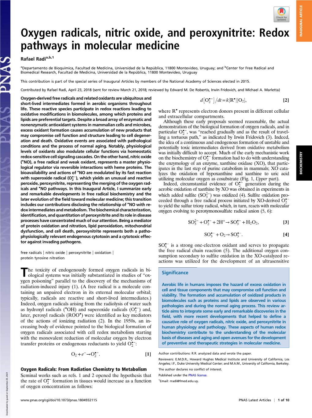 Oxygen Radicals, Nitric Oxide, and Peroxynitrite: Redox INAUGURAL ARTICLE Pathways in Molecular Medicine