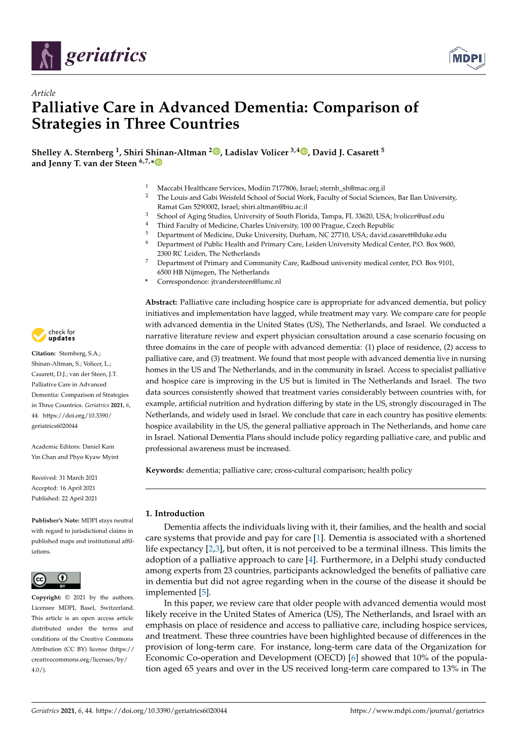 Palliative Care in Advanced Dementia: Comparison of Strategies in Three Countries