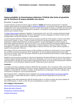 Acqua Potabile: La Commissione Deferisce L'italia Alla Corte Di