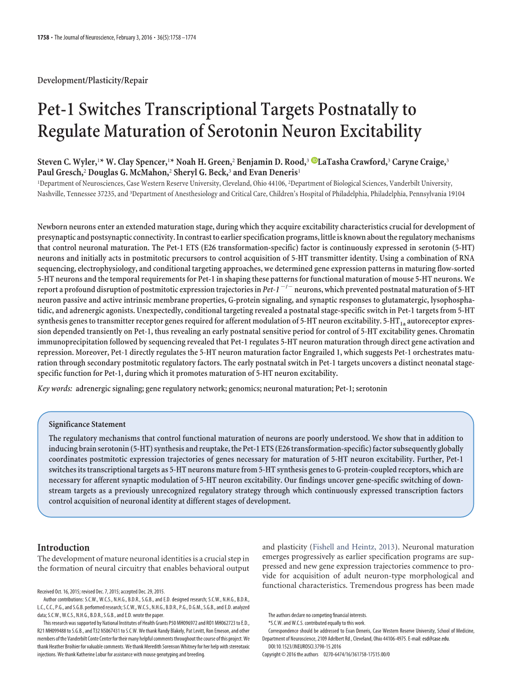 Pet-1 Switches Transcriptional Targets Postnatally to Regulate Maturation of Serotonin Neuron Excitability