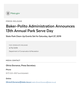 Baker-Polito Administration Announces 13Th Annual Park Serve Day State Park Clean-Up Events Set for Saturday, April 27, 2019