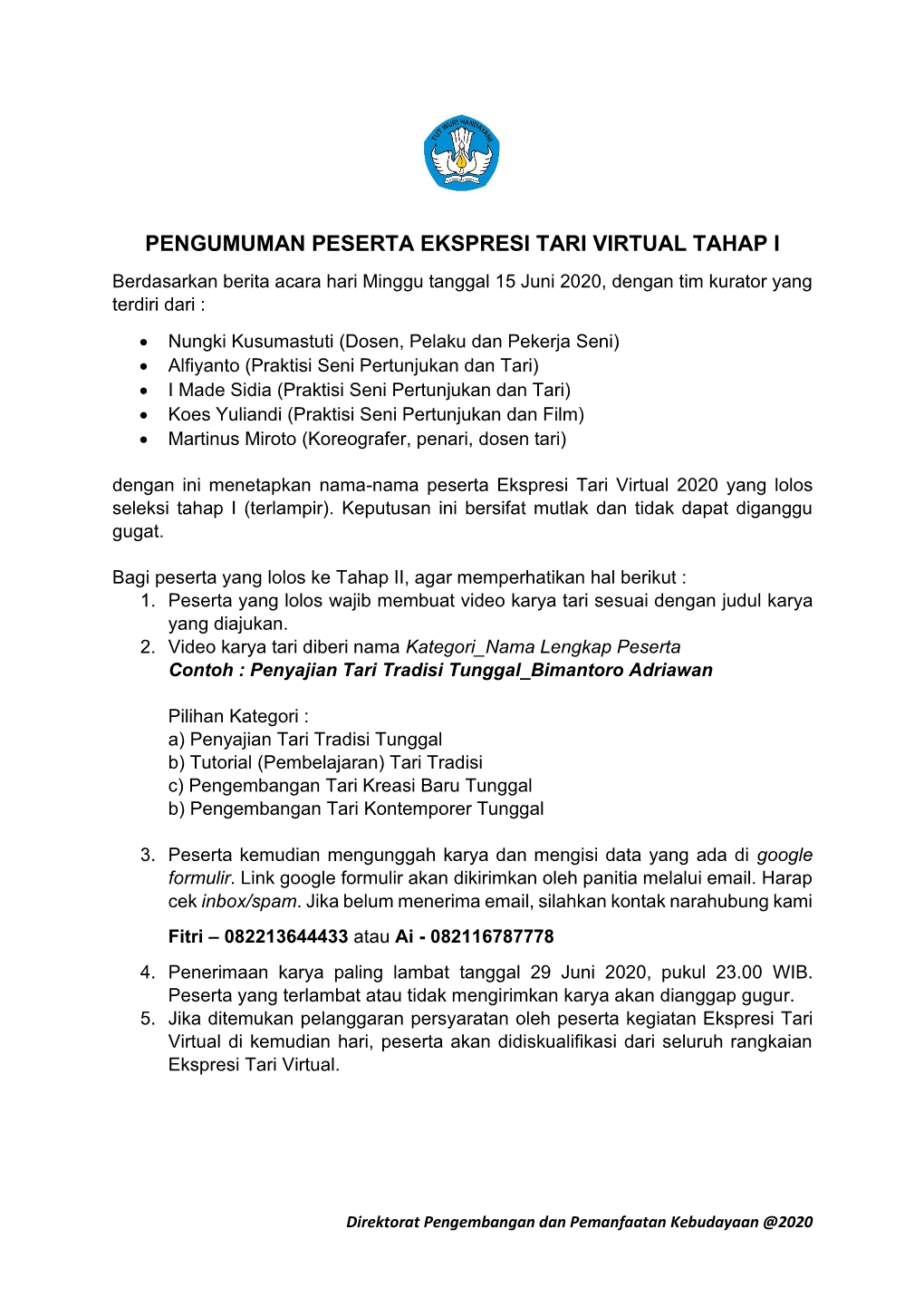 Pengumuman Peserta Ekspresi Tari Virtual Tahap I