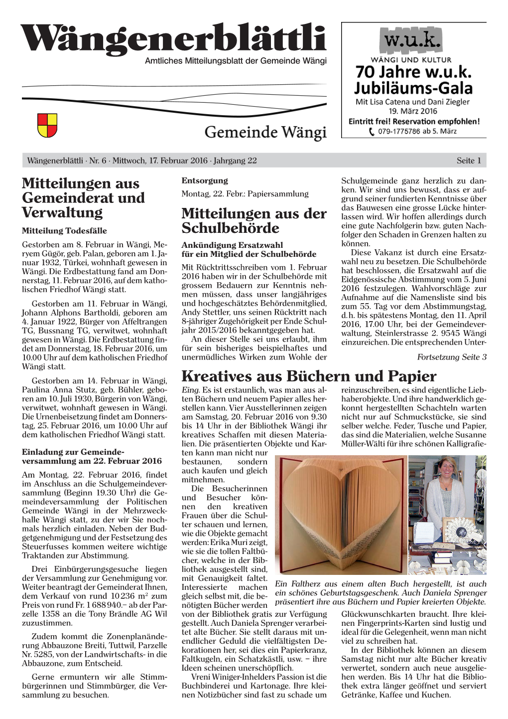 Wängenerblättli Amtliches Mitteilungsblatt Der Gemeinde Wängi