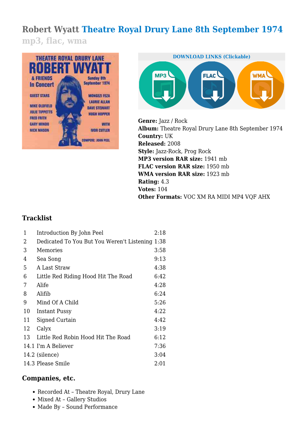 Robert Wyatt Theatre Royal Drury Lane 8Th September 1974 Mp3, Flac, Wma