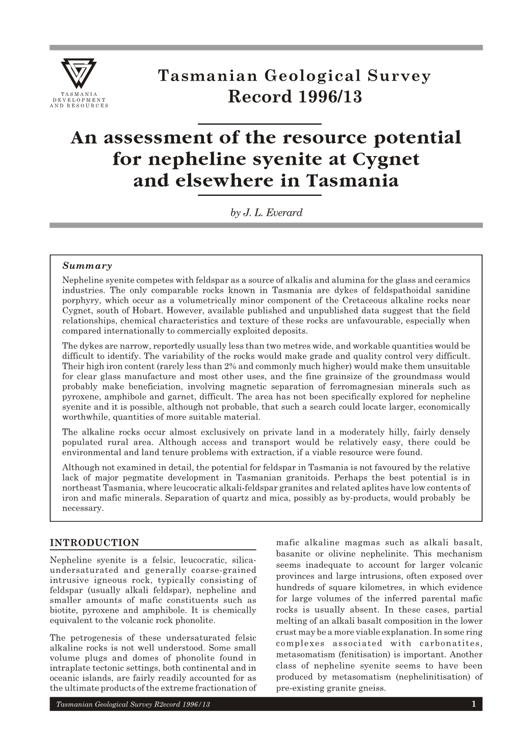 An Assessment of the Resource Potential for Nepheline Syenite at Cygnet and Elsewhere in Tasmania