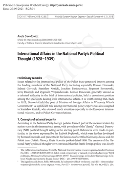 International Affairs in the National Party's Political Thought (1928–1939)1