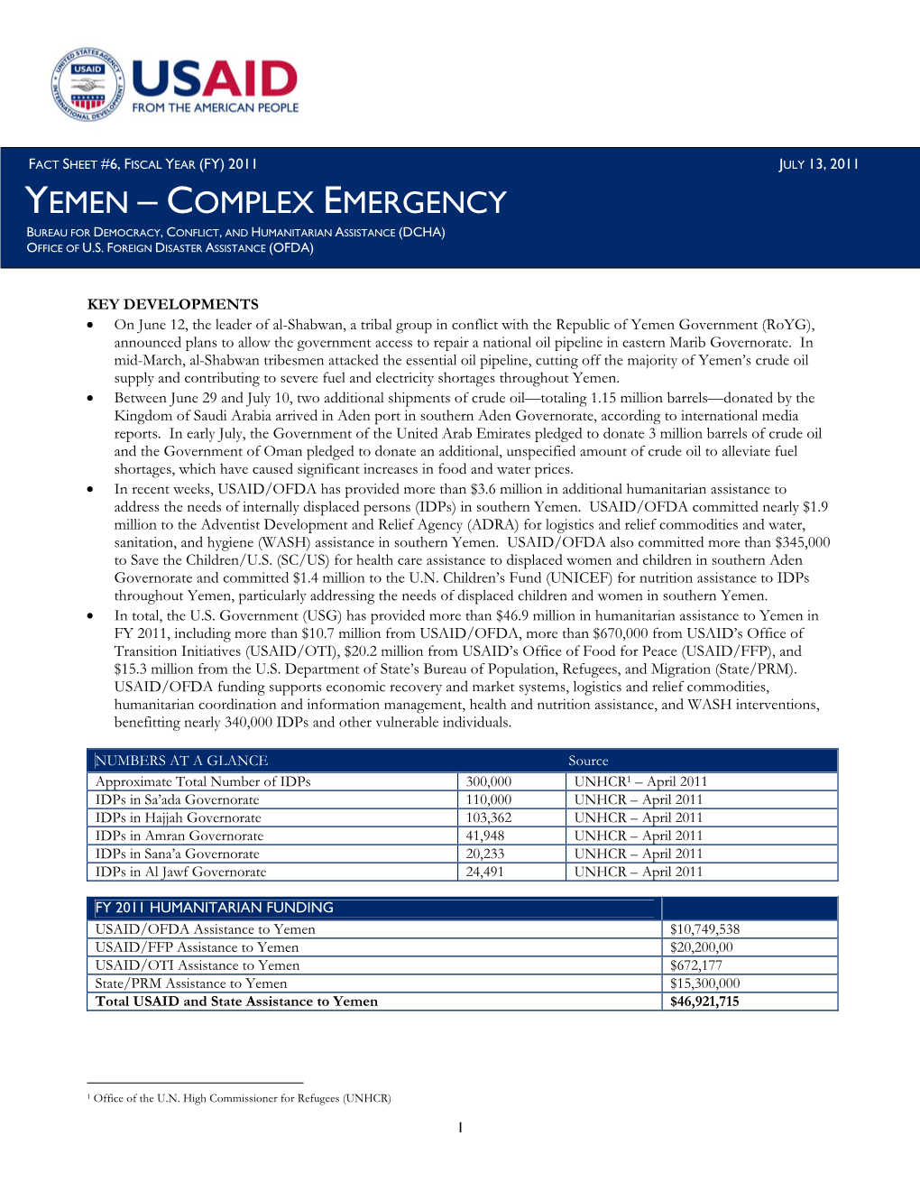 USAID-DCHA Yemen Complex Emergency Fact Sheet #6