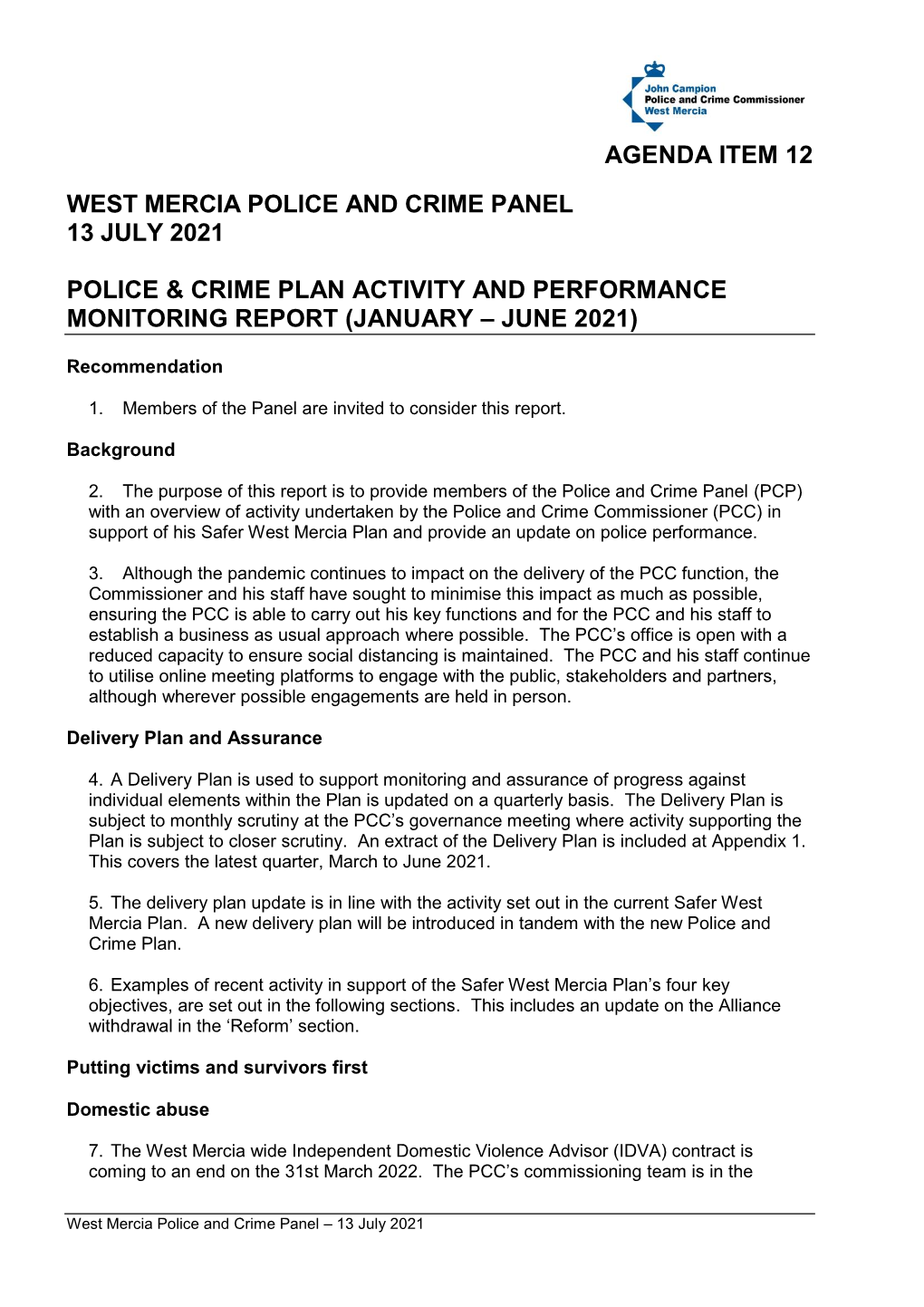 Agenda Item 12 West Mercia Police and Crime Panel 13