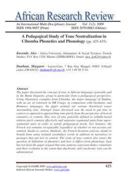 A Pedagogical Study of Tone Neutralization in Cibemba Phonetics and Phonology (Pp
