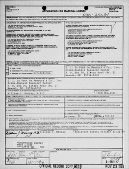 Application for Renewal of License 07-13441-02,Authorizing Use Of