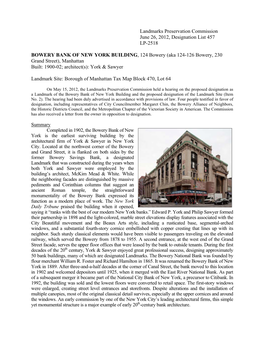 BOWERY BANK of NEW YORK BUILDING, 124 Bowery (Aka 124-126 Bowery, 230 Grand Street), Manhattan Built: 1900-02; Architect(S): York & Sawyer