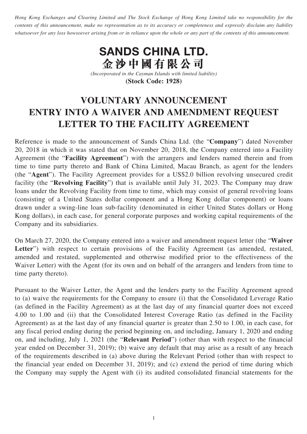 Voluntary Announcement Entry Into a Waiver and Amendment Request Letter to the Facility Agreement