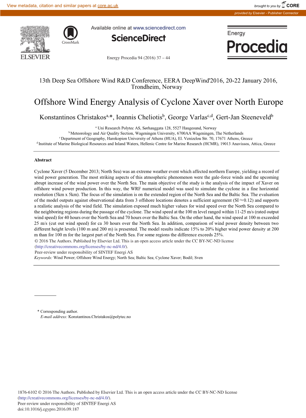 Offshore Wind Energy Analysis of Cyclone Xaver Over North Europe